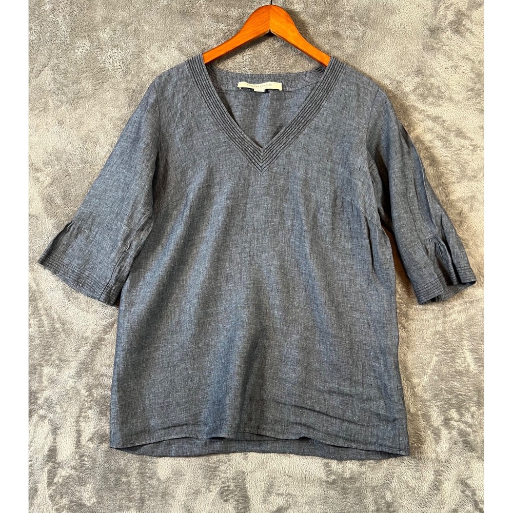 Marina Rinaldi Linen Tunic Top Womens Size US 12 Gray Ruffle Sleeve Lagen